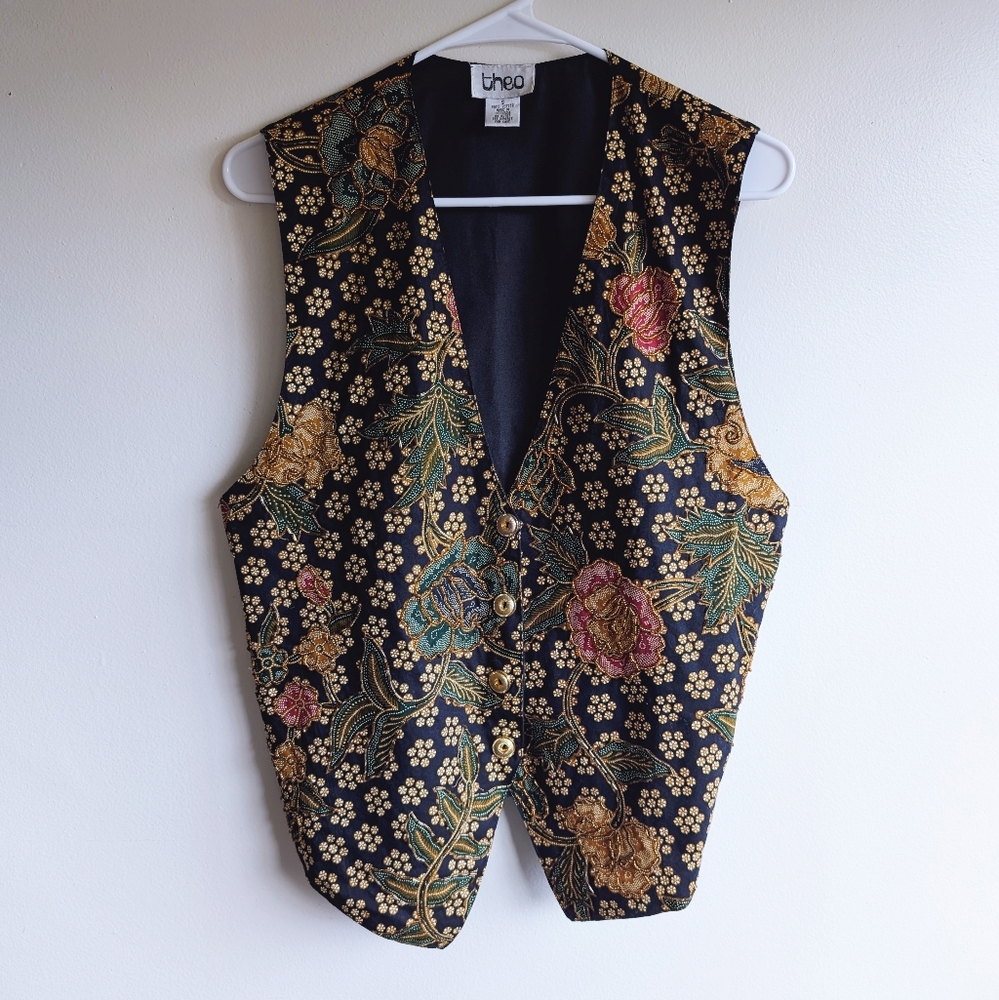 Vintage 90s Floral Beaded Embroidered Gold Button Up Vest Old Money Boho